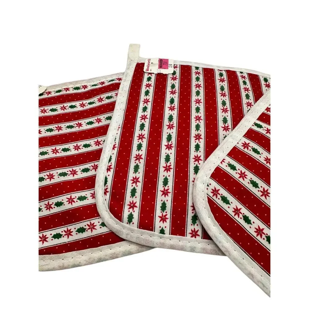 Vintage Woolworth's Christmas Potholders Set of 3 White Green Red New with Tag